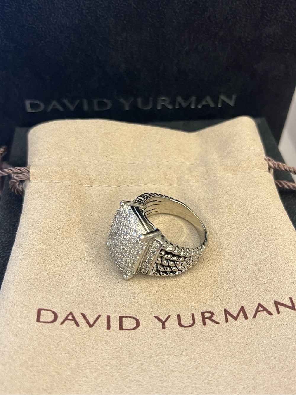 David Yurman Sterling Silver Pavé Square
Cable Ring with Clear Stones